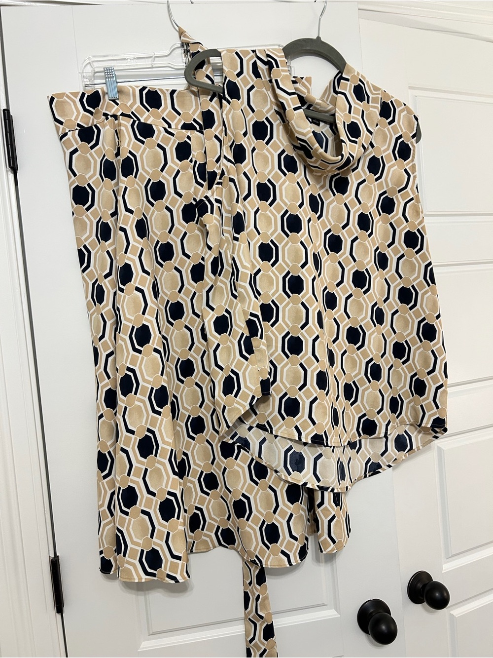 Ann Taylor Beige and Navy Geometric Skirt and Blouse Set